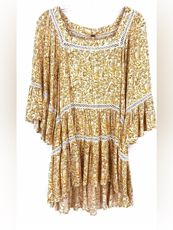 Free People Dresses & Skirts - Free People Boho Floral Crochet Trim Tunic ~Dress in Mustard Ivory XL